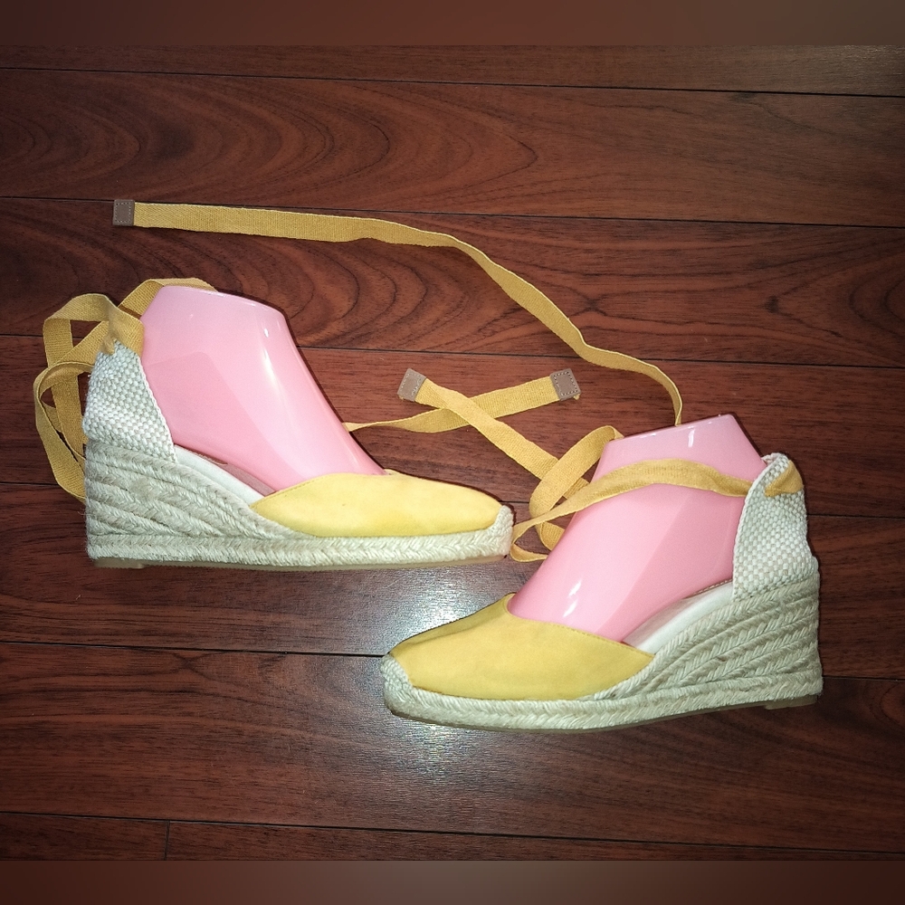 Boden Yellow Espadrille Wedge Sandals with Ankle Ties
